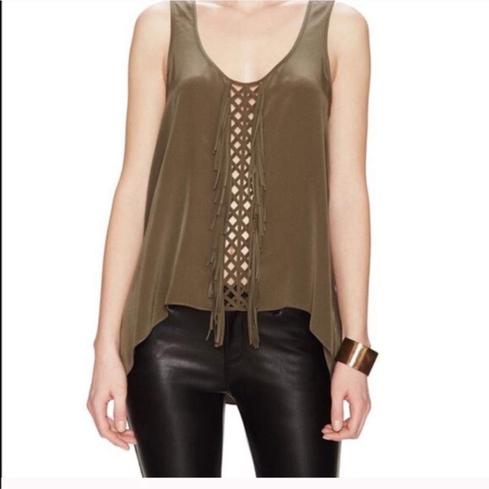 BCBGMAXAZRIA Mura fringed silk tank